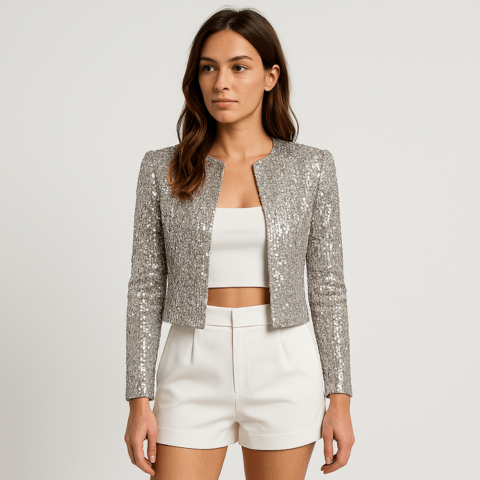 Elegant women's sequin cropped blazer jacket. Glamorous evening wear, perfect for parties & special occasions.