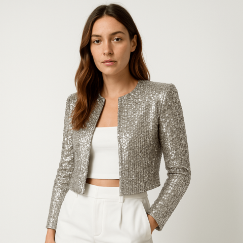 Chic women's cropped blazer. Shimmering sequin jacket with long sleeves & open front for party outfits.