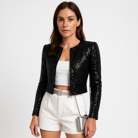 Glamorous women's sequin blazer. Cropped party jacket with long sleeves for special occasions & chic evening wear.