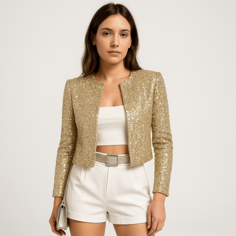 Sparkling women's sequin cropped blazer. Chic long sleeve evening jacket, ideal for glamorous special occasions.