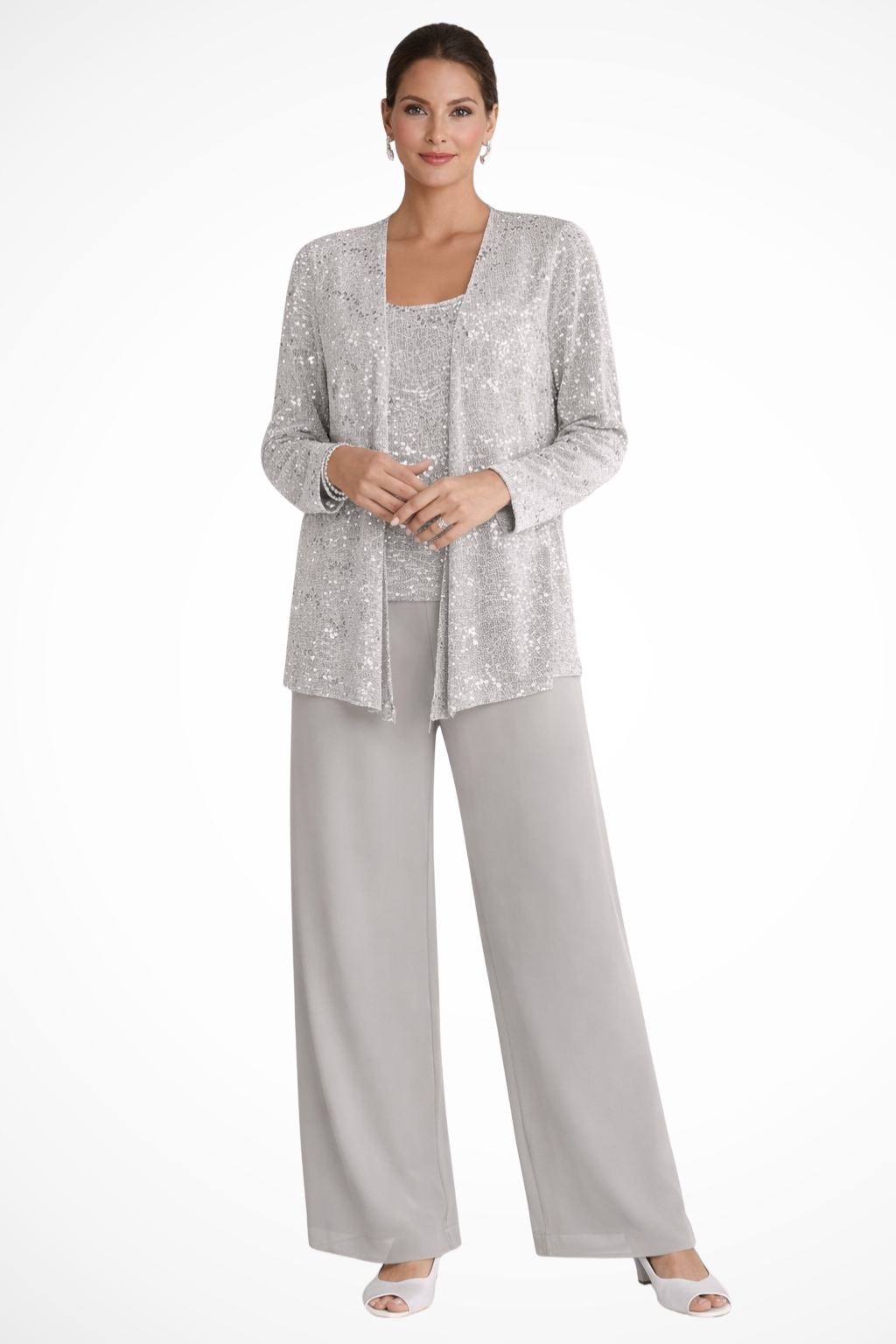 Elegant women's sequin three-piece pant set. Features wide-leg pants, top & cardigan for formal evening wear.