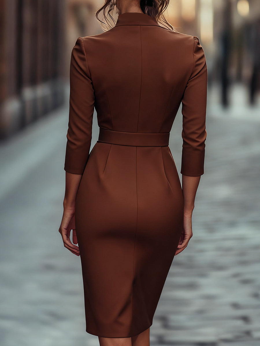 Sheath midi dress for women, elegant & versatile, featuring a mandarin collar & adjustable belt.