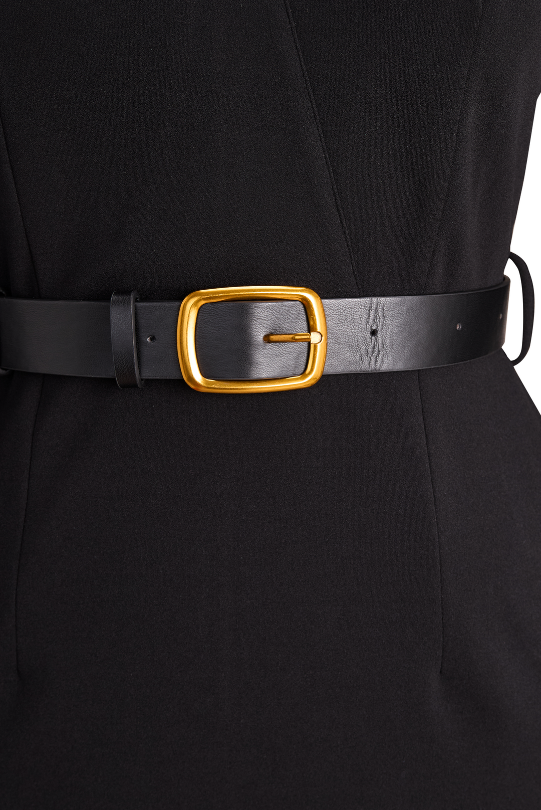 Modern women's elegant midi dress, sheath design, featuring a mandarin collar & a belted waist.