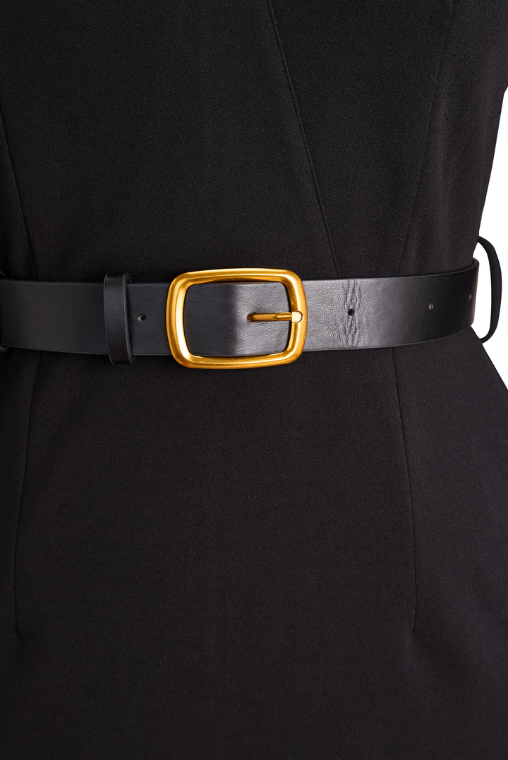 Modern women's elegant midi dress, sheath design, featuring a mandarin collar & a belted waist.