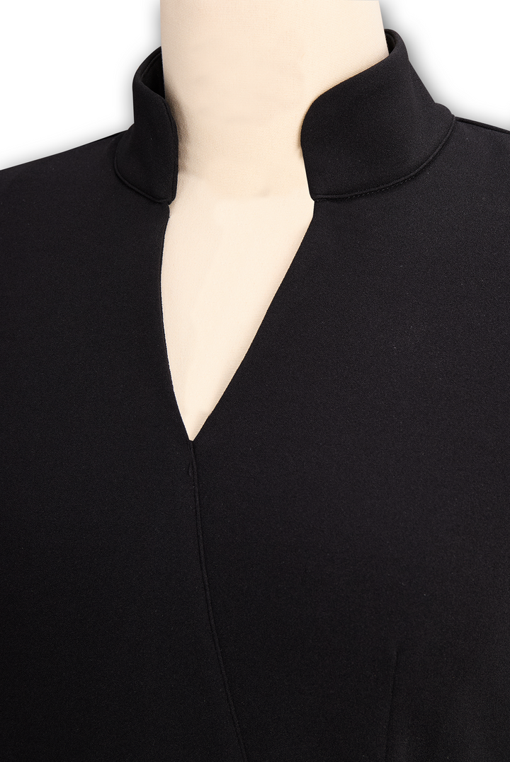 Stylish women's midi work dress, sheath silhouette, complete with a mandarin collar & belt.
