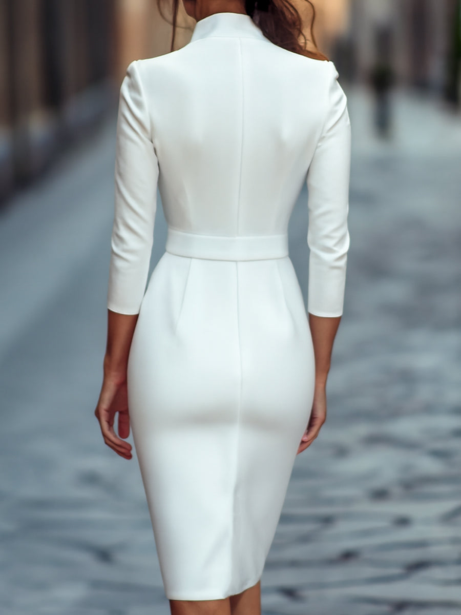 Timeless women's sheath midi dress with a distinctive mandarin collar and a matching belt.