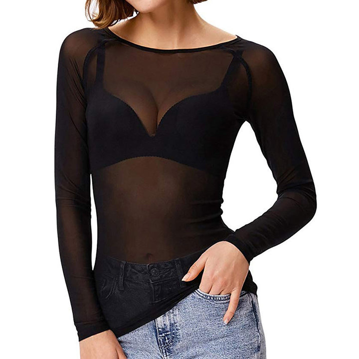 Elegant women's sheer mesh evening top with long sleeves, perfect for a sophisticated night out.