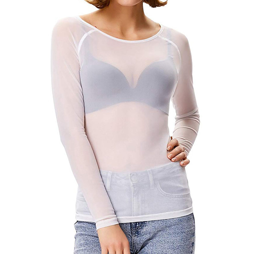 Stylish women's sheer mesh long sleeve top, featuring a round neck and pullover design for party wear.