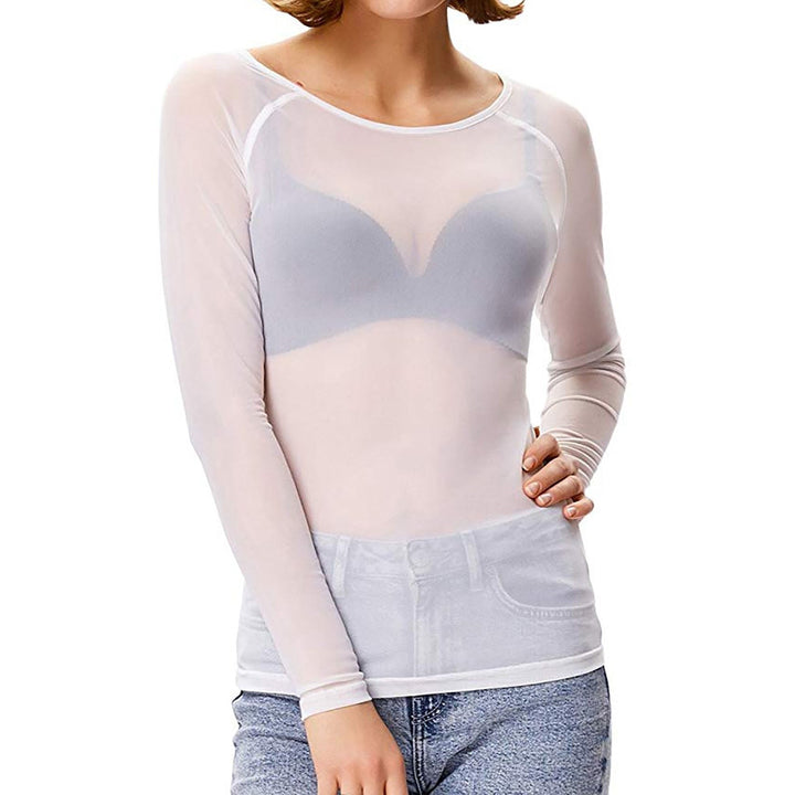 Stylish women's sheer mesh long sleeve top, featuring a round neck and pullover design for party wear.