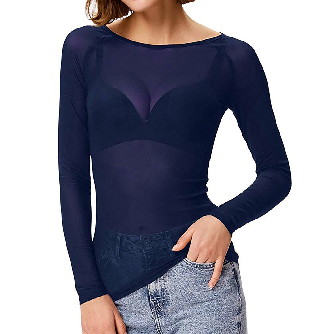 Chic women's sheer mesh top with elegant long sleeves, ideal for evening events and night out fashion.
