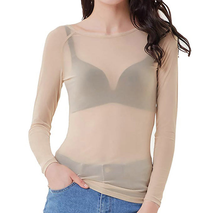 Fashionable women's sheer mesh long sleeve top, an elegant pullover design for evening or party outfits.