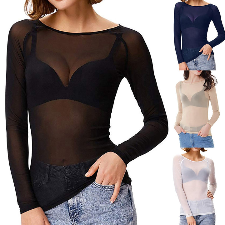 Sophisticated women's sheer mesh evening top with long sleeves, a stylish round neck pullover for parties.