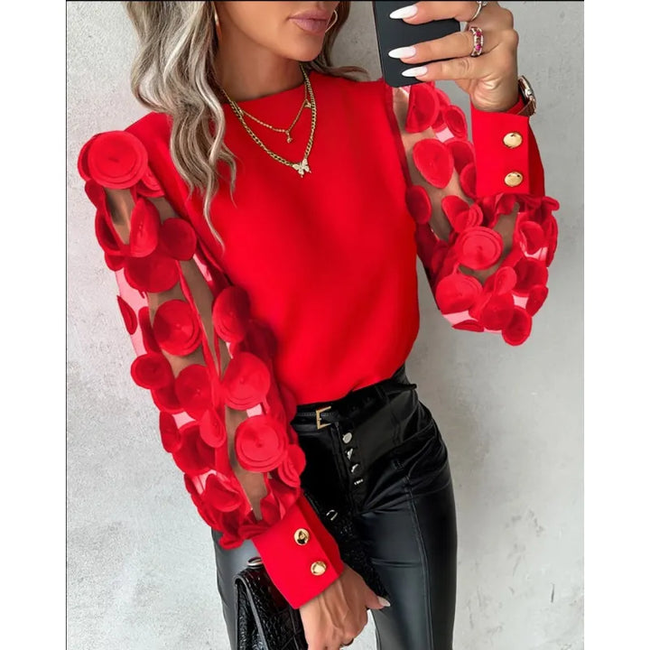 Chic women's top with sheer appliqué long sleeves, round neck & sophisticated textured body. Elegant fashion.