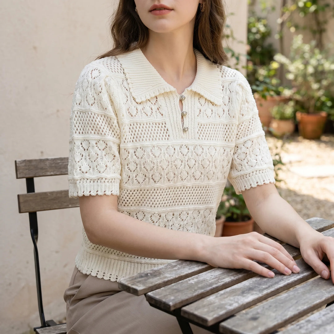 Elegant women's short-sleeve knit blouse with polo collar, perfect for summer casual or semi-formal wear.