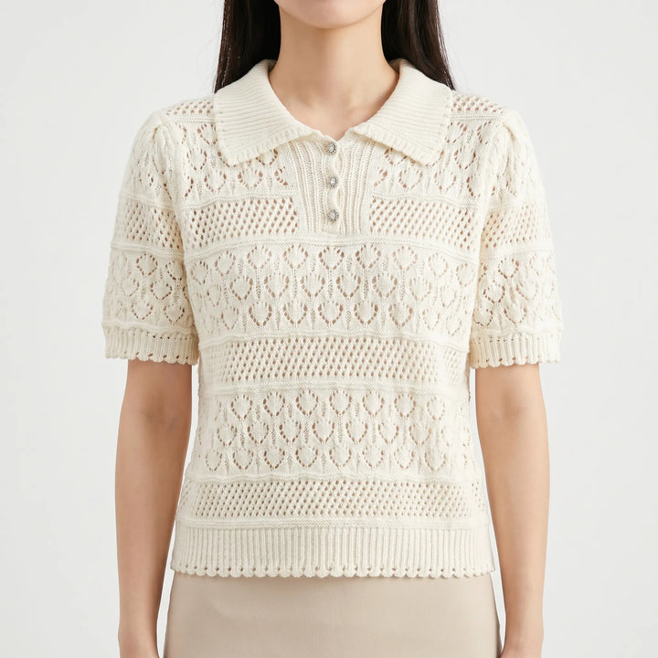Breathable women's crochet knit short-sleeve blouse, ideal for stylish summer fashion and comfort.