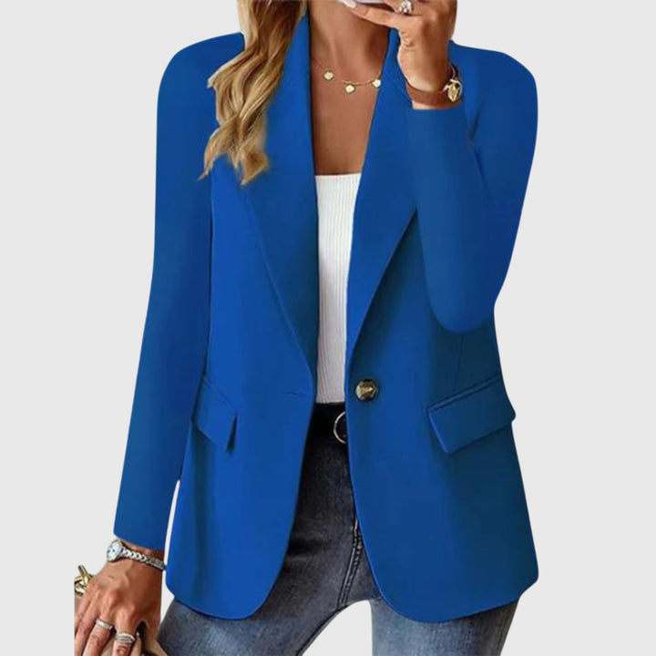 Classic women's single-breasted blazer with notch lapel. Elegant for workwear or casual chic outfits.