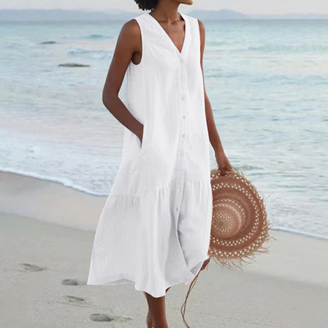 Comfortable women's sleeveless midi dress with buttons, great for elegant casual summer daywear & fashion.