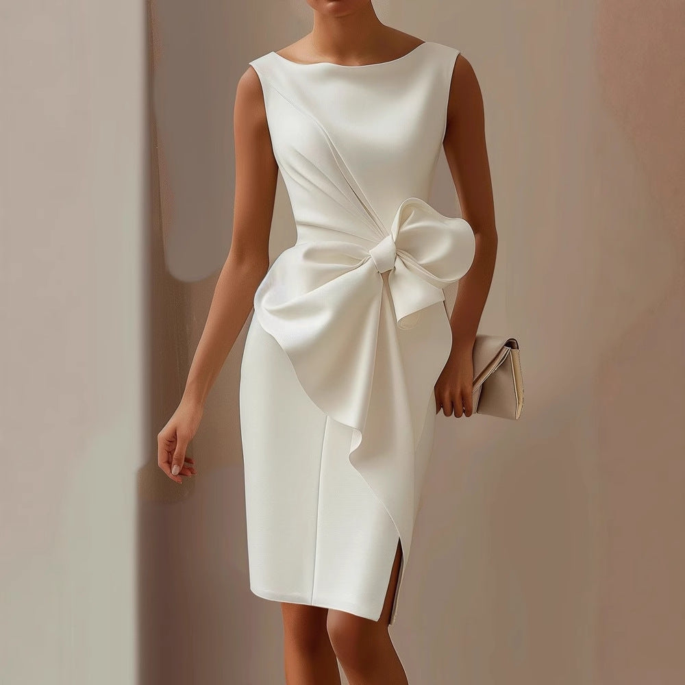 Elegant women's sleeveless dress with an asymmetric hem and a stylish shoulder bow, perfect for parties & weddings.