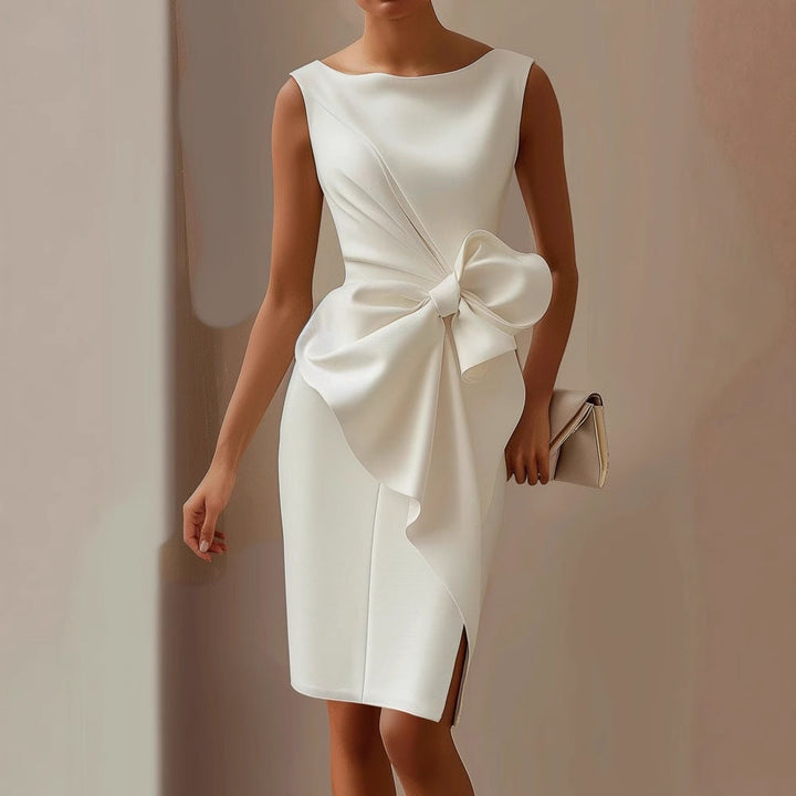 Elegant women's sleeveless dress with an asymmetric hem and a stylish shoulder bow, perfect for parties & weddings.