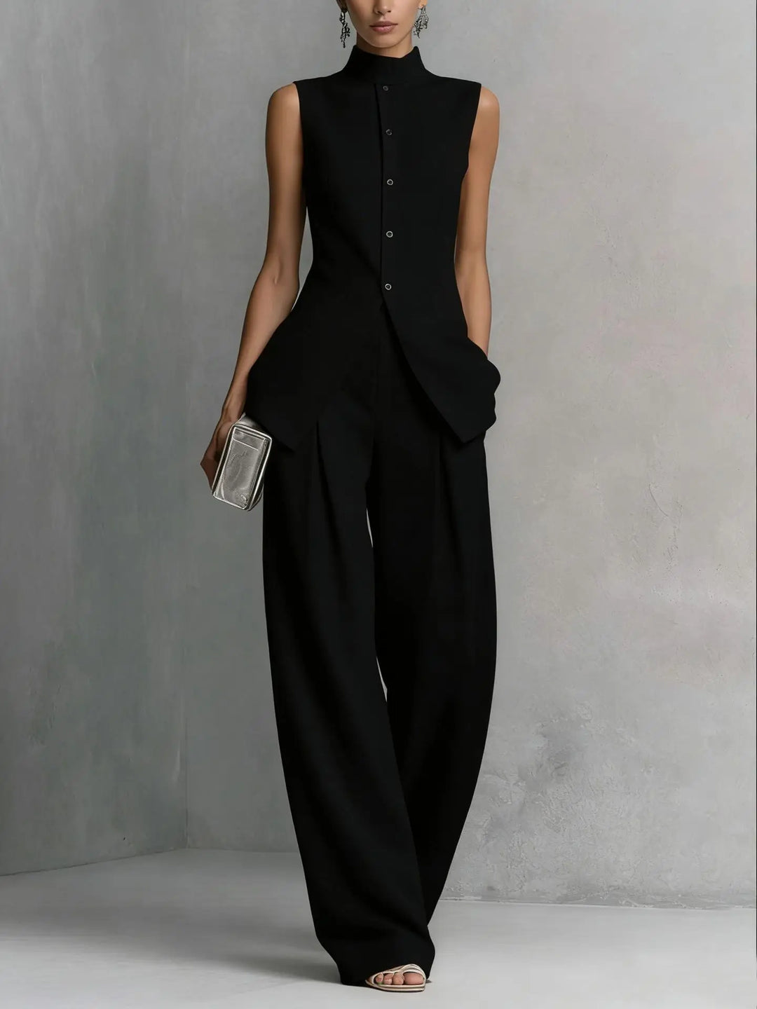 Elegant women's sleeveless high neck wide leg jumpsuit, perfect for formal wear or a chic party outfit.
