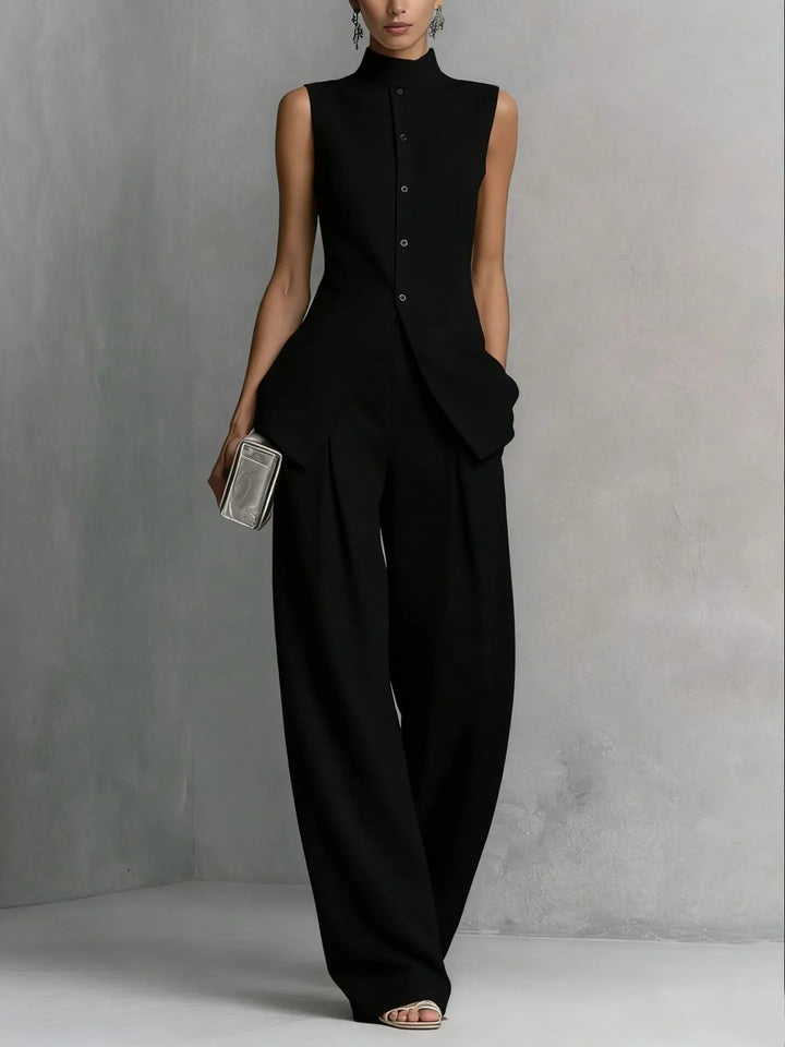 Elegant women's sleeveless high neck wide leg jumpsuit, perfect for formal wear or a chic party outfit.