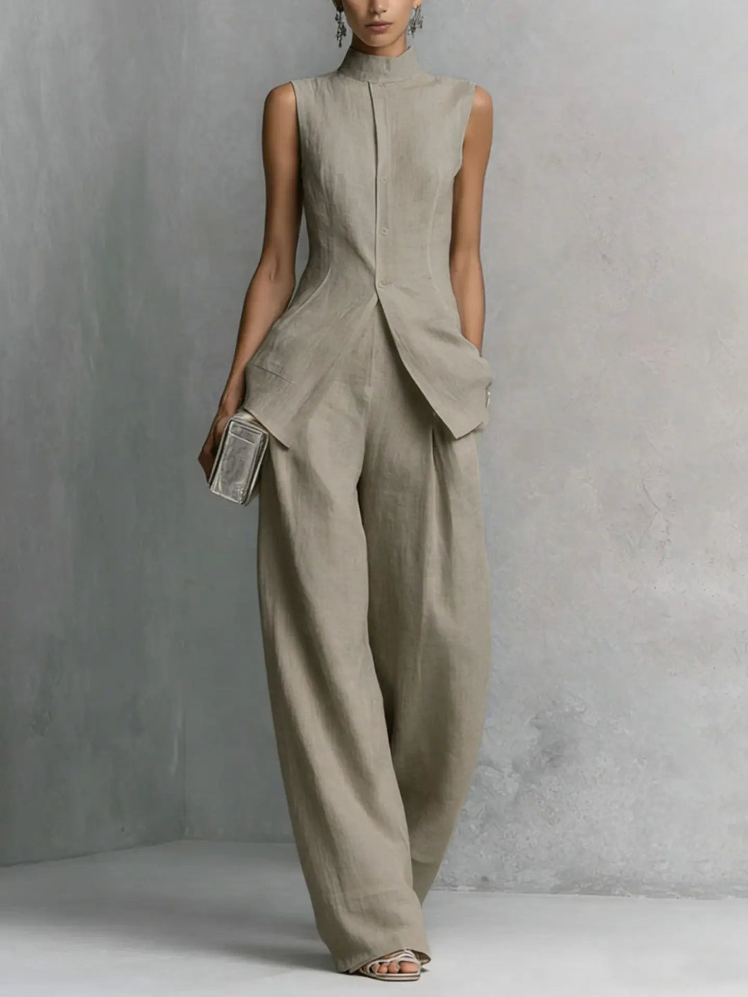 Sophisticated sleeveless high neck wide leg jumpsuit for women, versatile for spring, summer, office or party.