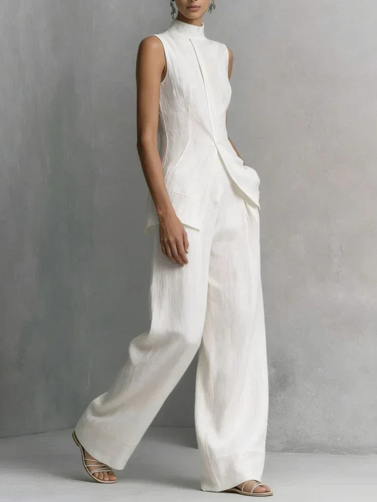 Sleek women's sleeveless high neck wide leg jumpsuit, offering a comfortable and stylish one-piece formal wear.