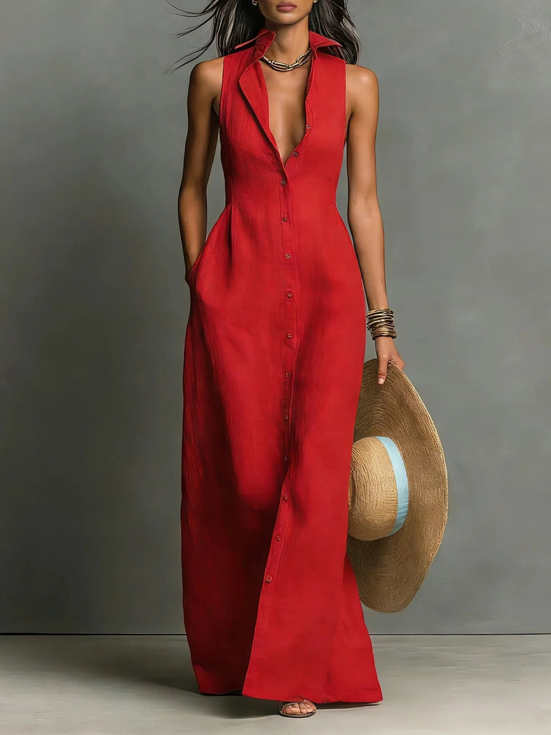 Elegant women's sleeveless maxi shirt dress with full button-front & lapel collar, perfect for summer chic.