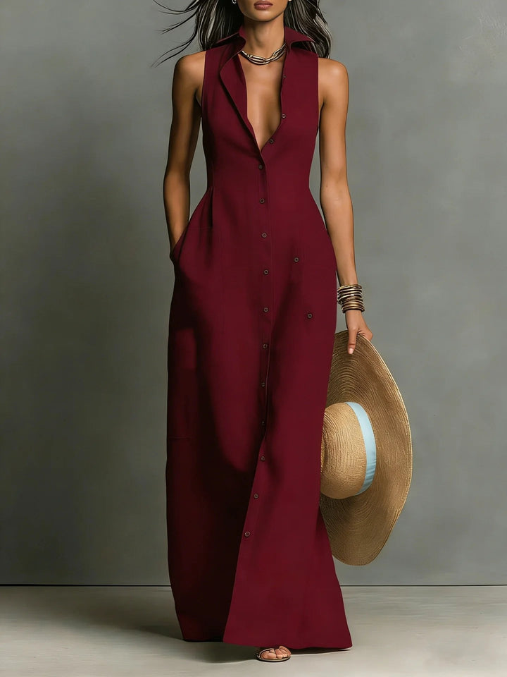 Versatile women's button-front maxi shirt dress, ideal for elegant summer style or casual chic occasions.
