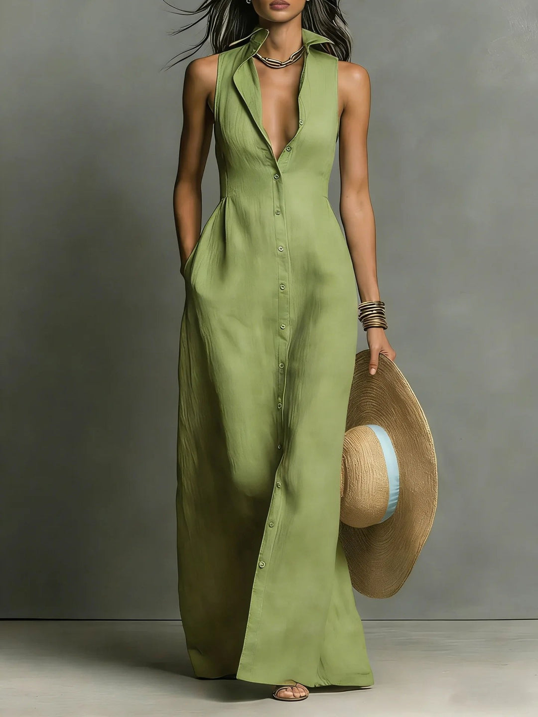 Casual chic women's maxi shirt dress, sleeveless with a full button-front & sophisticated lapel collar.