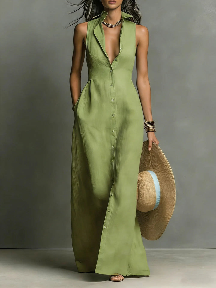 Casual chic women's maxi shirt dress, sleeveless with a full button-front & sophisticated lapel collar.
