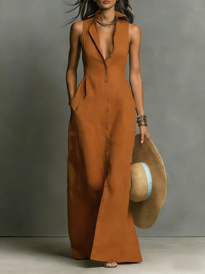 Sophisticated women's elegant maxi shirt dress, sleeveless with a button-front design for versatile wear.