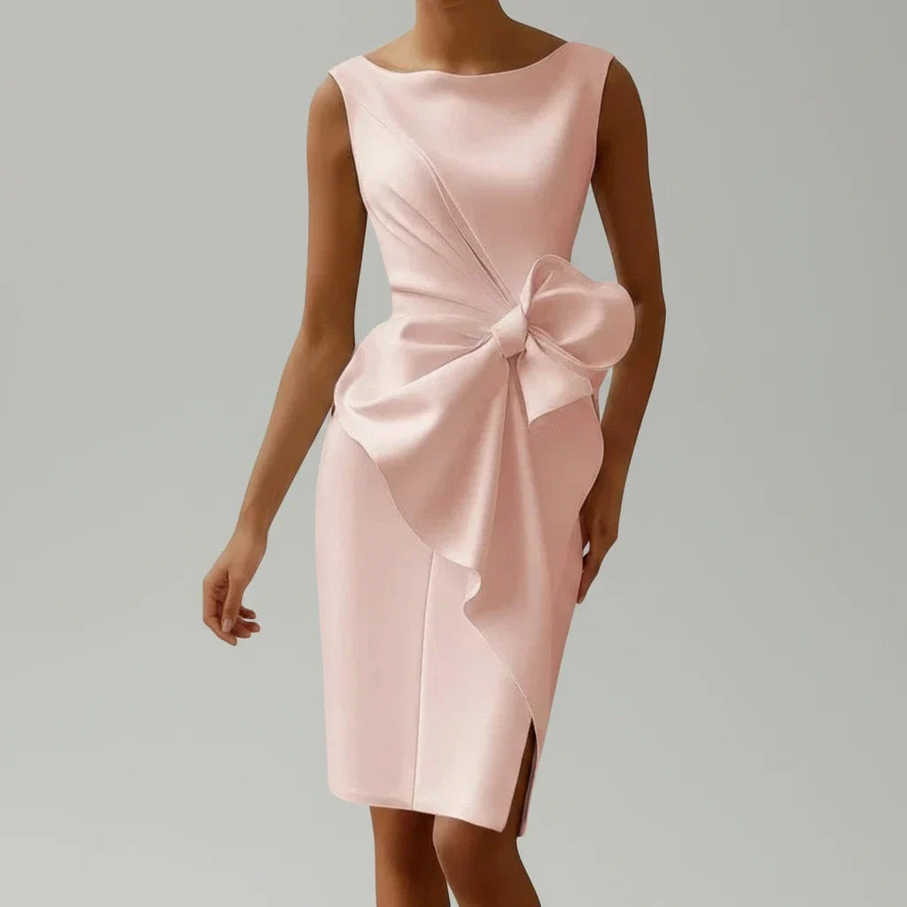 Elegant women's sleeveless midi cocktail dress with a sophisticated bow detail, perfect for special occasions & parties.