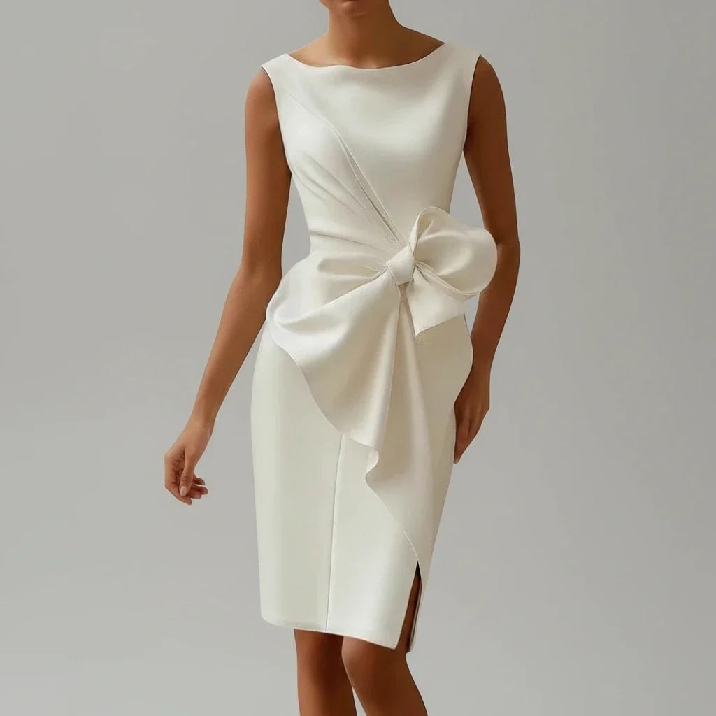 Chic fitted women's midi dress with an elegant bow, ideal for formal wear, cocktail parties, and evening events.