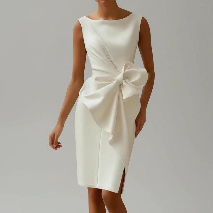 Chic fitted women's midi dress with an elegant bow, ideal for formal wear, cocktail parties, and evening events.