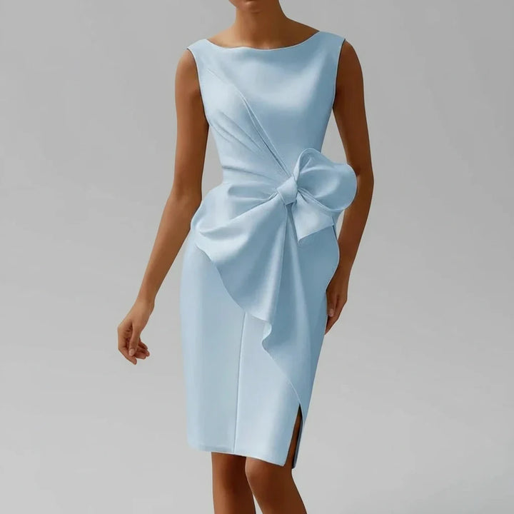 Modern sleeveless women's midi dress featuring an elegant bow, perfect for cocktail parties, galas, and special events.