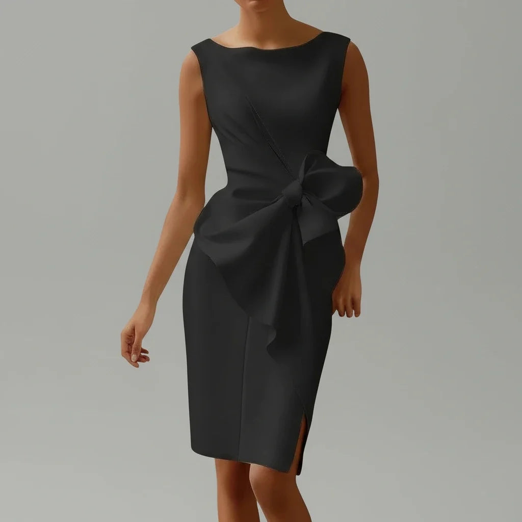 Elegant women's party midi dress featuring a chic bow, perfect for special occasions, evening wear, and cocktail events.