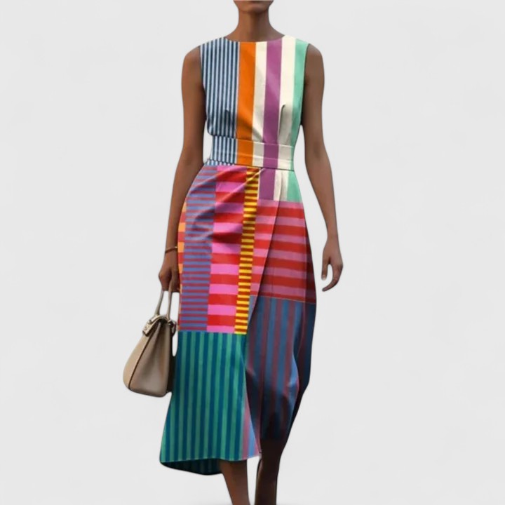 Elegant women's sleeveless midi dress featuring a vibrant geometric patchwork & striped design, perfect for summer.
