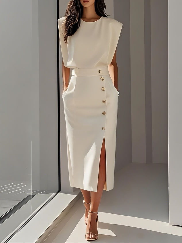 Elegant women's sleeveless midi dress with a chic side slit & decorative gold buttons.