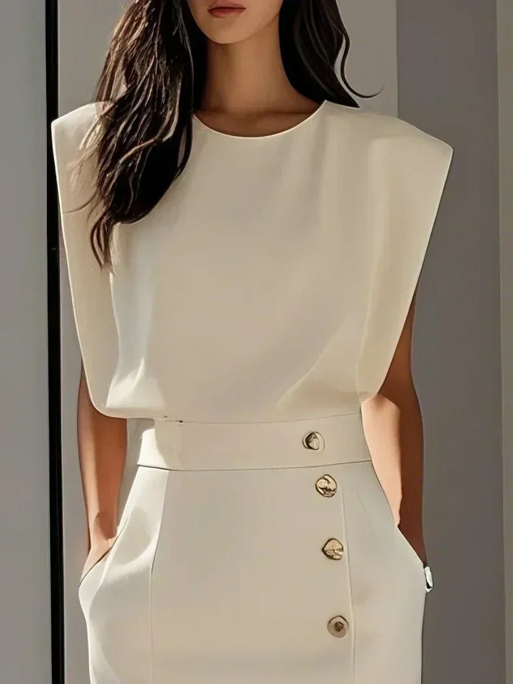 Party-ready women's sleeveless midi dress, featuring an elegant side slit & sparkling gold buttons.