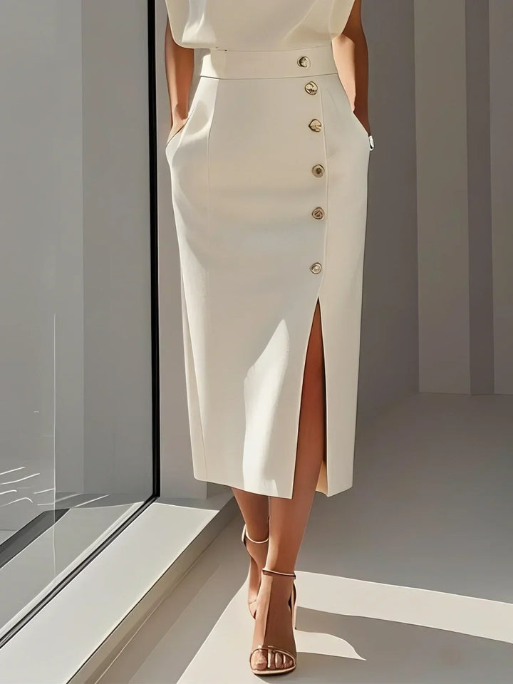Sophisticated sleeveless midi dress for women, with a modern side slit & stylish gold buttons.