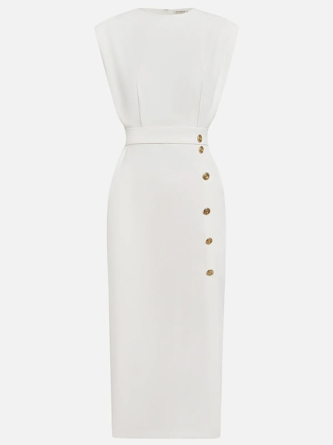 Elegant women's cocktail midi dress, sleeveless, with a tasteful side slit & refined gold buttons.