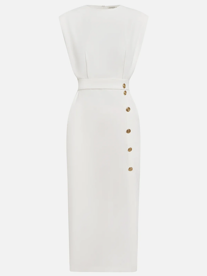 Elegant women's cocktail midi dress, sleeveless, with a tasteful side slit & refined gold buttons.