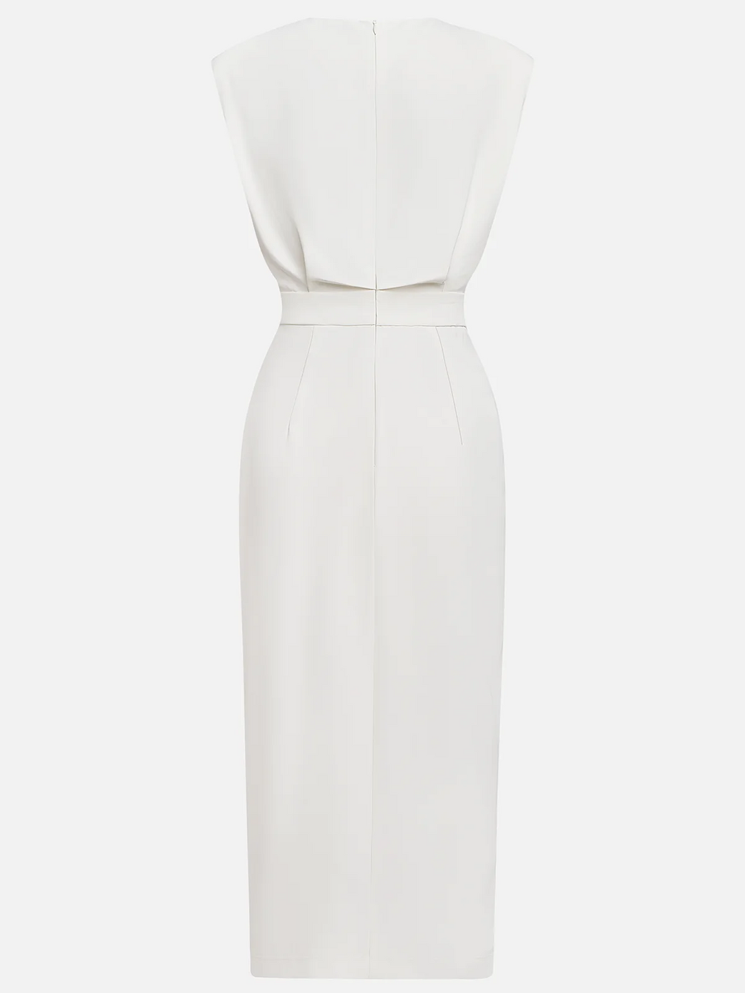 Versatile women's tailored midi dress, sleeveless, with a chic side slit & distinctive gold buttons.