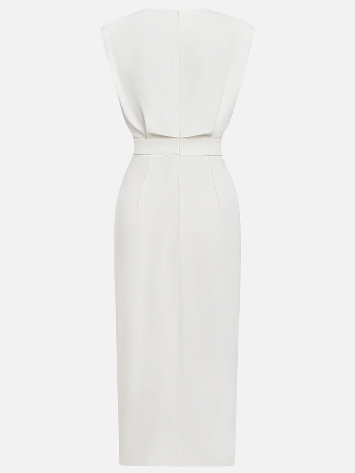 Versatile women's tailored midi dress, sleeveless, with a chic side slit & distinctive gold buttons.