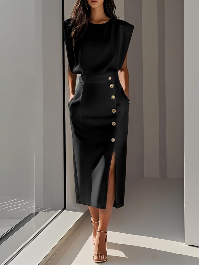 Sophisticated women's tailored midi dress, sleeveless, featuring a stylish side slit & gold buttons.