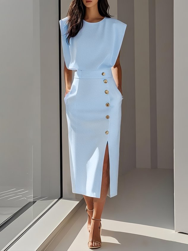 Women's versatile sleeveless midi dress, perfect for cocktails or work, with a side slit & gold buttons.