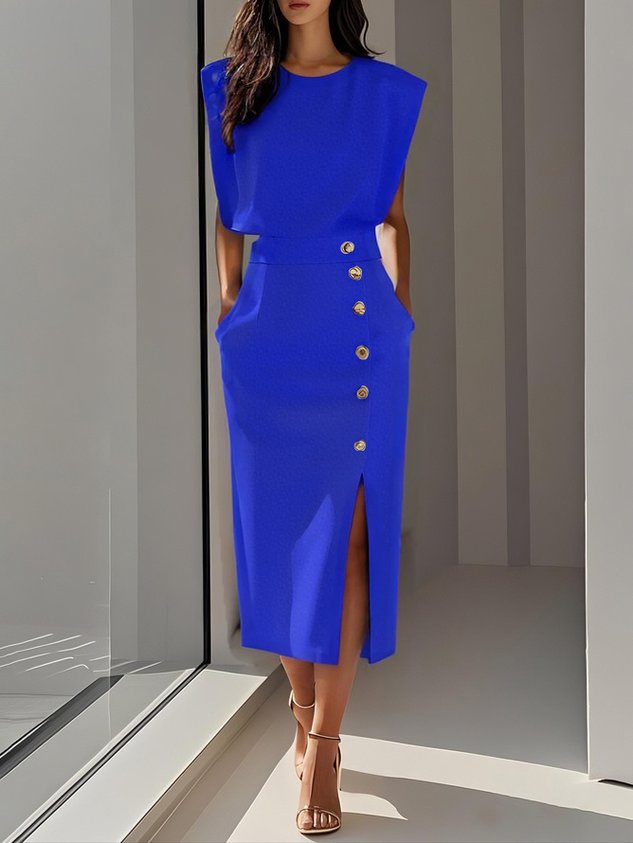 Tailored women's elegant midi dress with a sleek sleeveless design, side slit & prominent gold buttons.