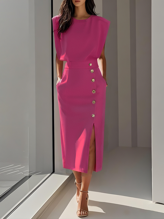 Sleeveless women's midi dress for elegant occasions, featuring a sexy side slit & statement gold buttons.