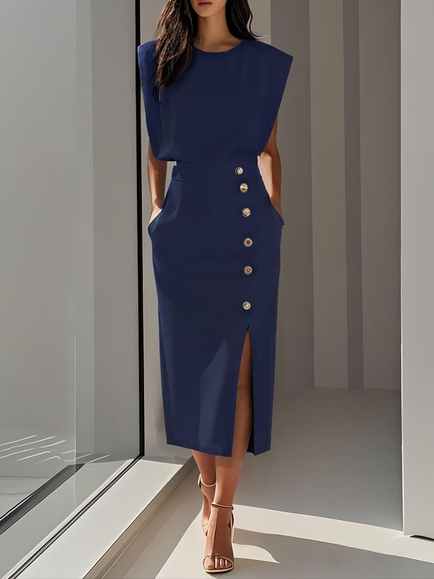 Women's fashion midi dress, sleeveless, with an elegant side slit and eye-catching gold button details.